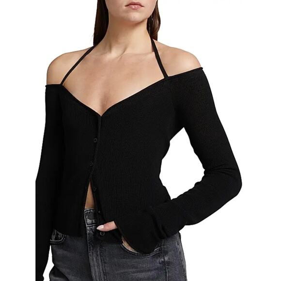 Good American Women Black Stretch Knit Off-the-Shoulder Slim Halter Top Size M - Picture 3 of 5